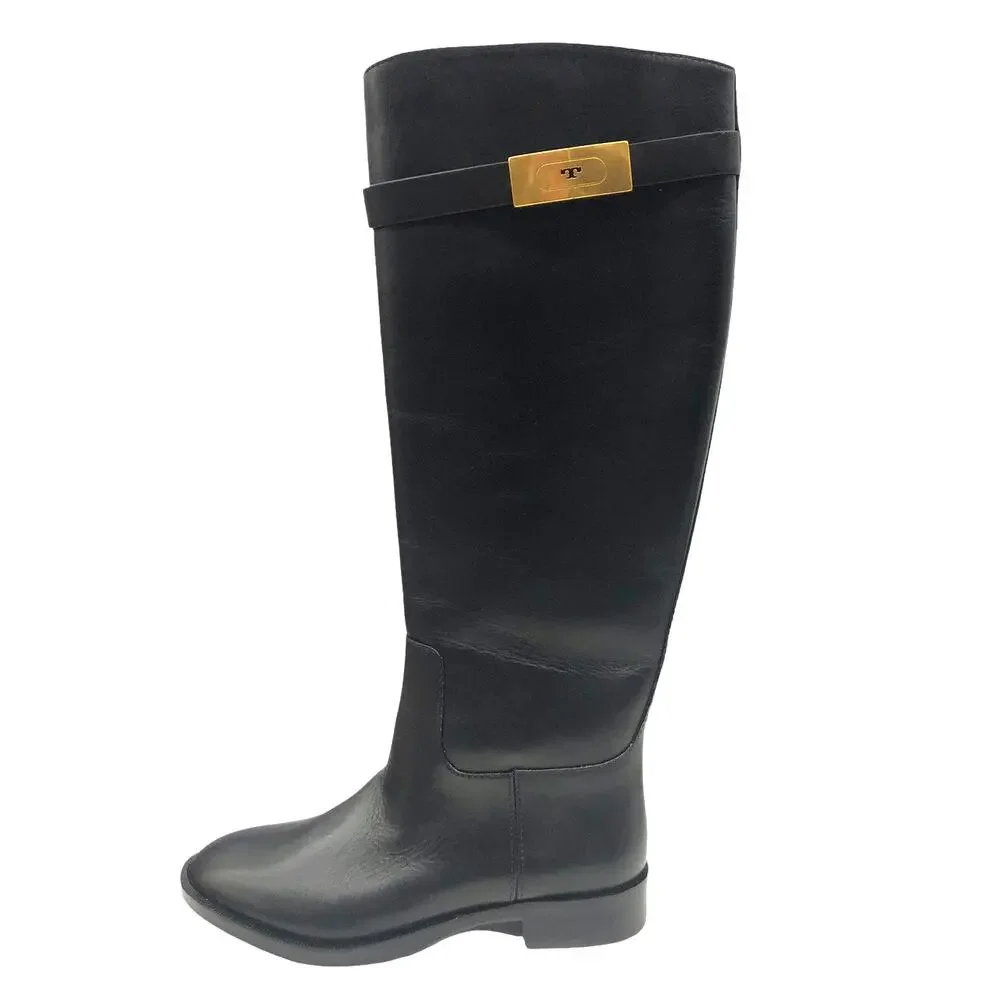 TORY BURCH T HARDWARE TALL RIDING BOOTS BOOT BLACK LEATHER 6.5